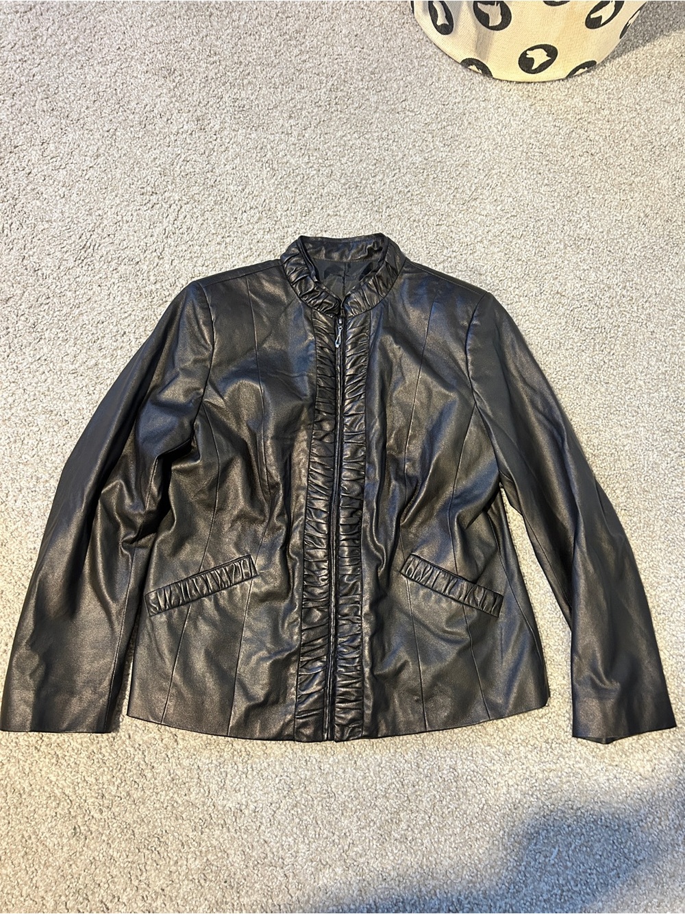 Genuine Soft Leather Full Zip Jacket Black Ruffle Trim XS